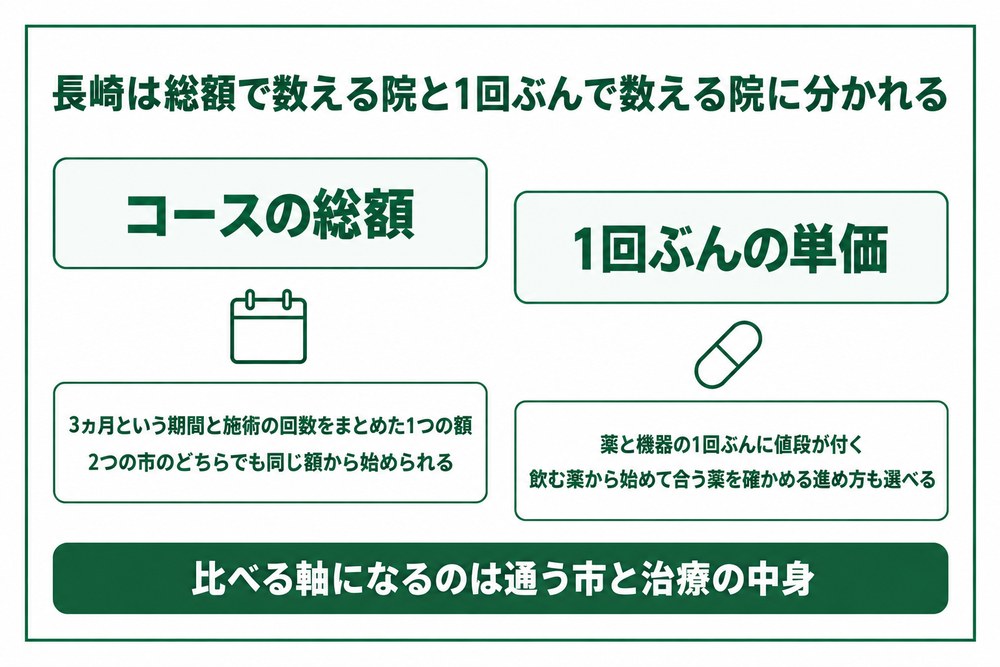 長崎市と佐世保市で医療ダイエットの料金の数え方が分かれる図