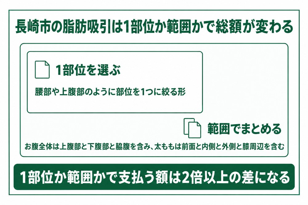 長崎市の脂肪吸引は1部位を選ぶか範囲でまとめるかで総額が変わることを示した図
