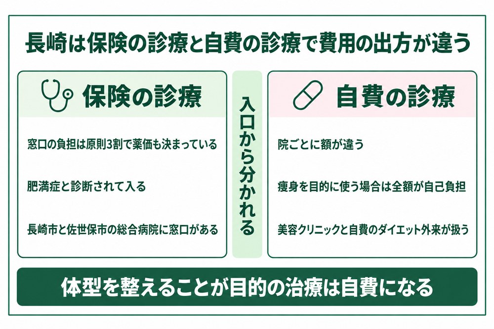 長崎で保険の肥満外来と自費のダイエット外来で費用の出方が分かれることを示した図