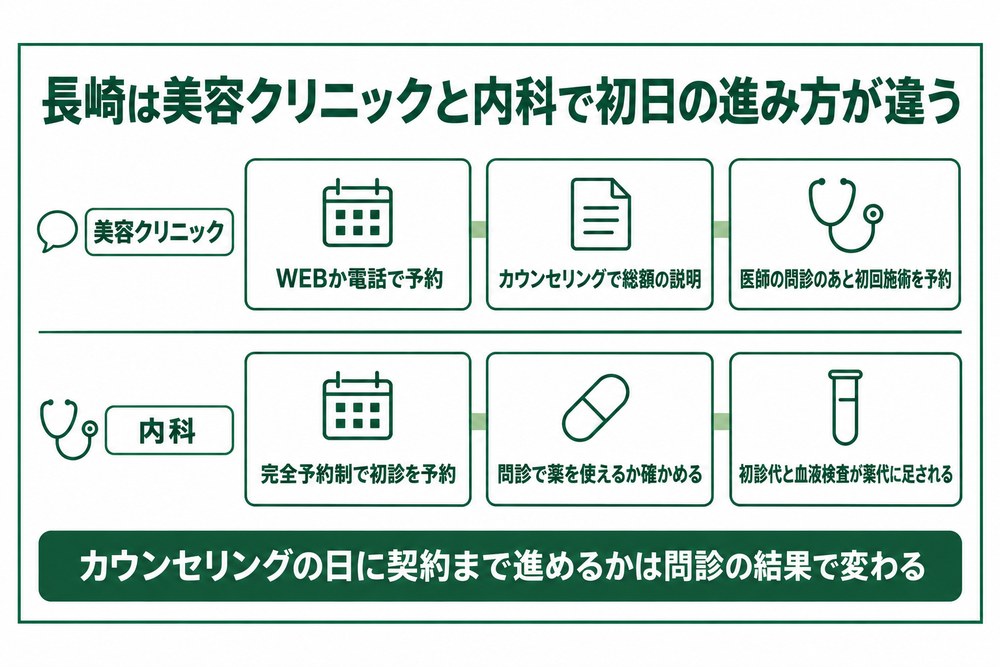 長崎の美容クリニックと内科で初めての日の進み方が分かれることを示した図