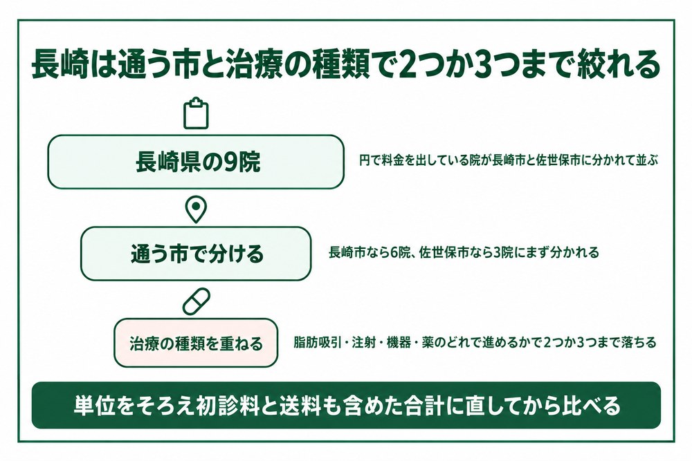 長崎の医療ダイエットを通う市と治療の種類で2つか3つまで絞り込む図