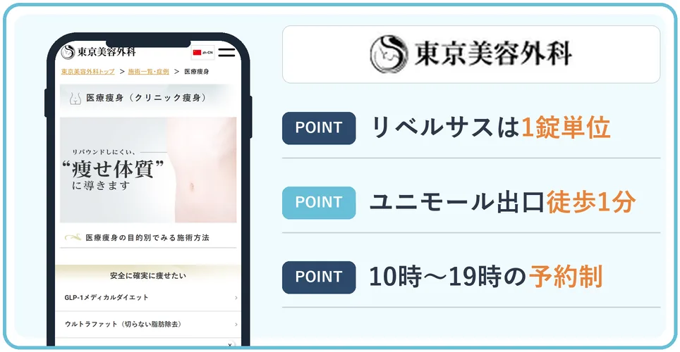 東京美容外科の公式サイトを映したスマホの写真