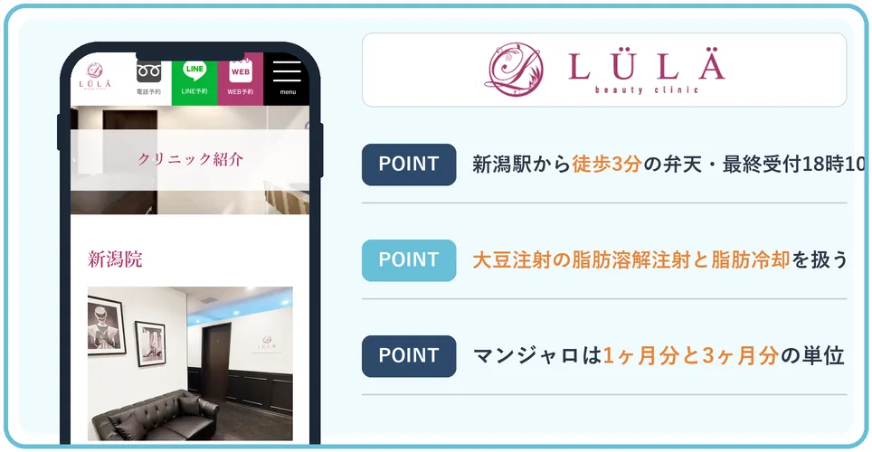 ルラ美容クリニック新潟院の公式サイトを映したスマホの写真