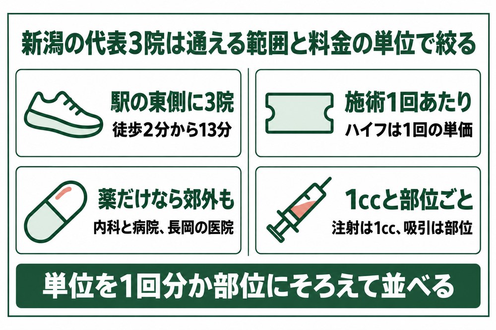 新潟の代表3院を通える範囲と料金の単位で絞る図