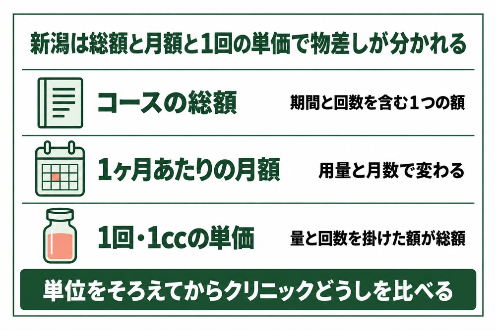 新潟の医療ダイエットは総額と月額と1回の単価で物差しが分かれることを示した図
