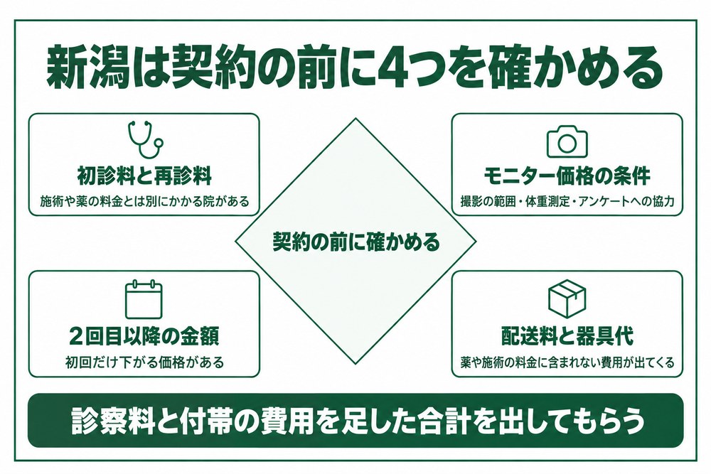新潟の医療ダイエットで契約の前に確かめる診察料と条件を整理した図