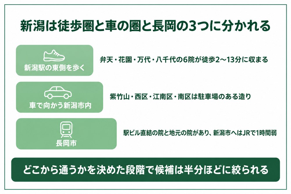 新潟の医療ダイエットが新潟駅の徒歩圏と車で通う区と長岡の3つに分かれることを示した図