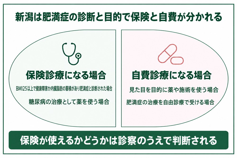 新潟で保険が使える肥満外来の条件と自費診療の違いを分けた図