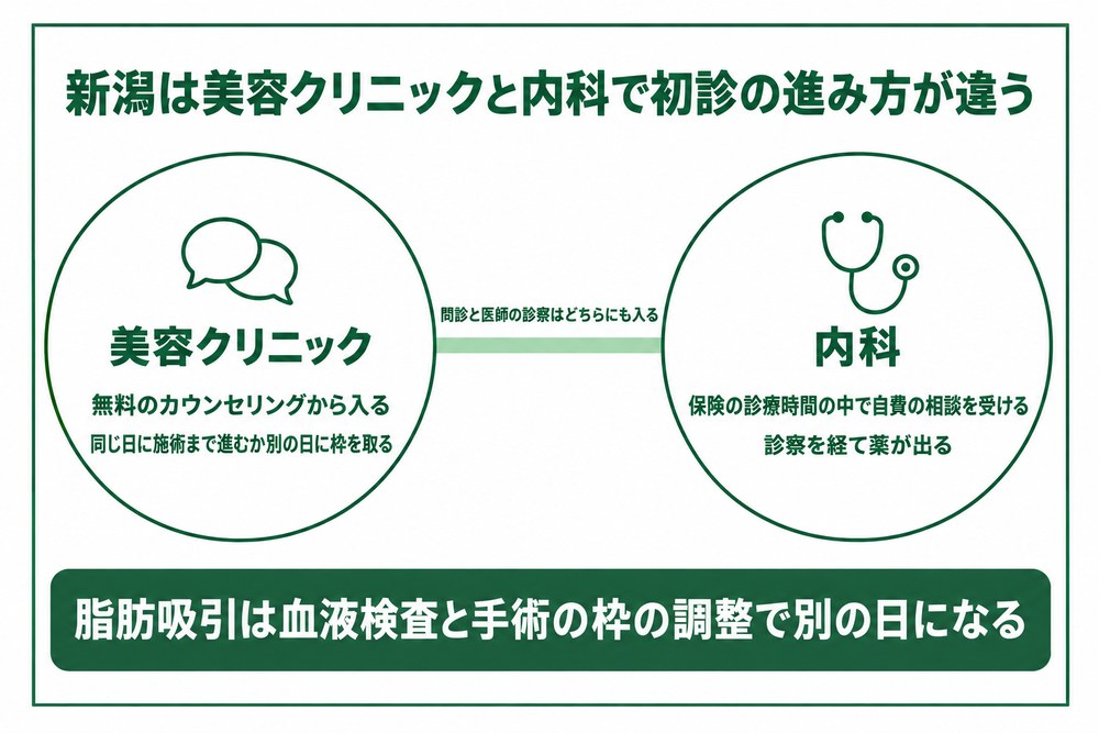 新潟で医療ダイエットを始めるとき美容クリニックと内科で初診の流れが分かれることを示した図
