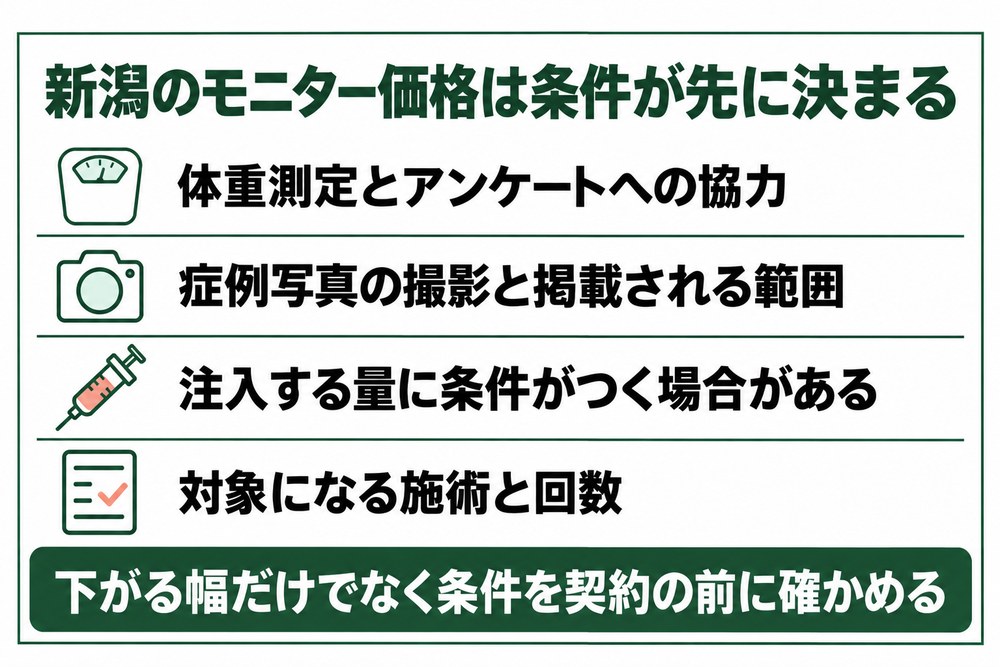 新潟の医療ダイエットのモニター価格で先に決まる体重測定や撮影などの条件を整理した図