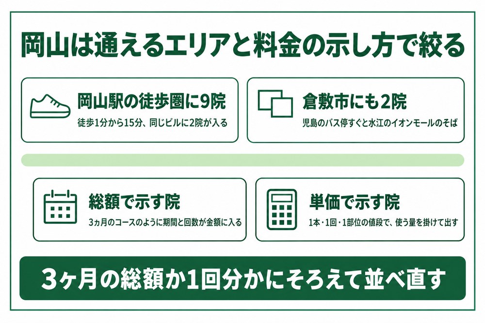 岡山の医療ダイエットを通えるエリアと料金の示し方で絞る図
