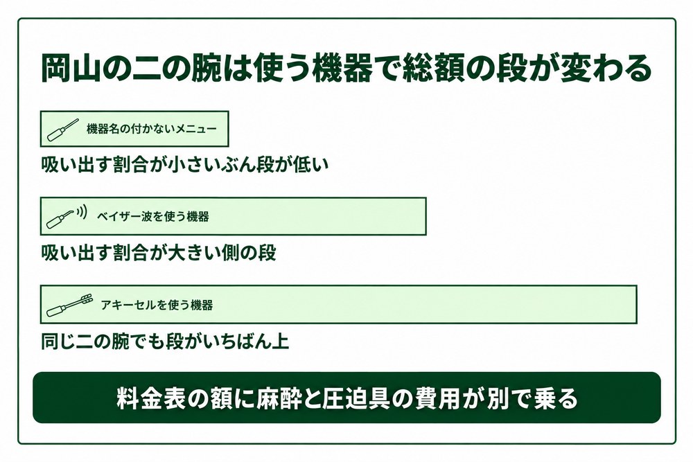 岡山の脂肪吸引は使う機器で1部位の総額の段が変わる図