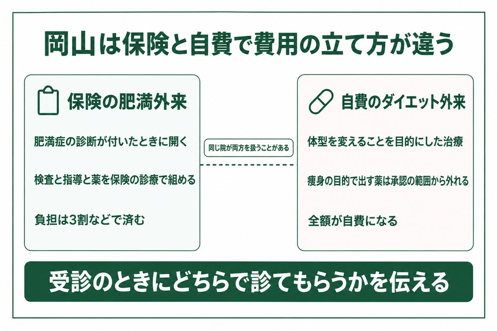 岡山で保険が使える肥満外来と自費のダイエット外来の分かれ方を示した図