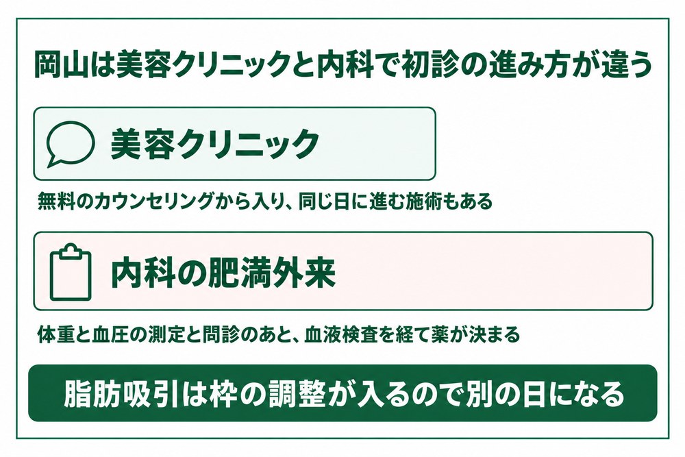 岡山の医療ダイエットは美容クリニックと内科で初診の流れが分かれることを示した図