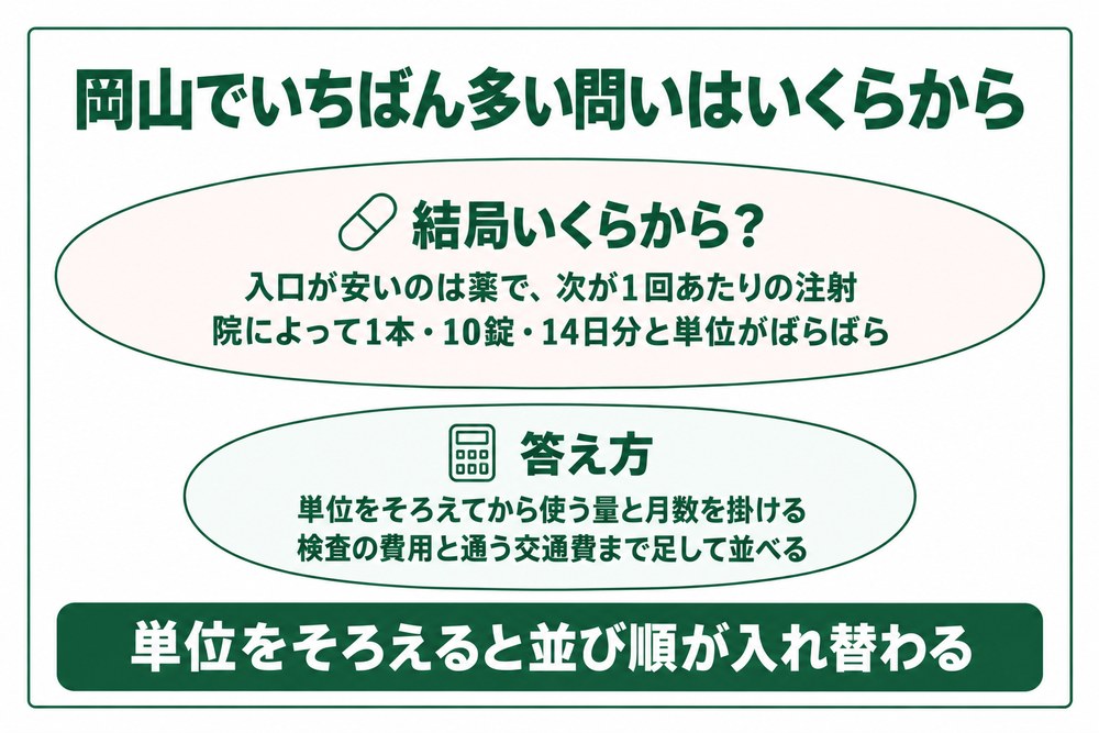 岡山の医療ダイエットでよく聞かれる費用の問いとその答え方を示した図