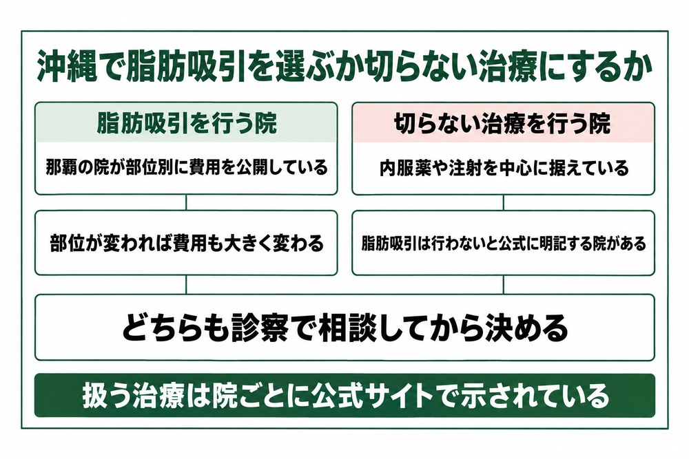 沖縄で脂肪吸引を行う院と切らない治療を行う院を並べた図