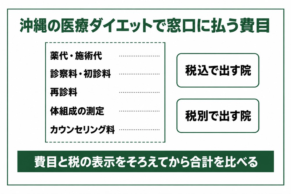 沖縄の医療ダイエットで窓口に払う費目と税の表示を整理した図