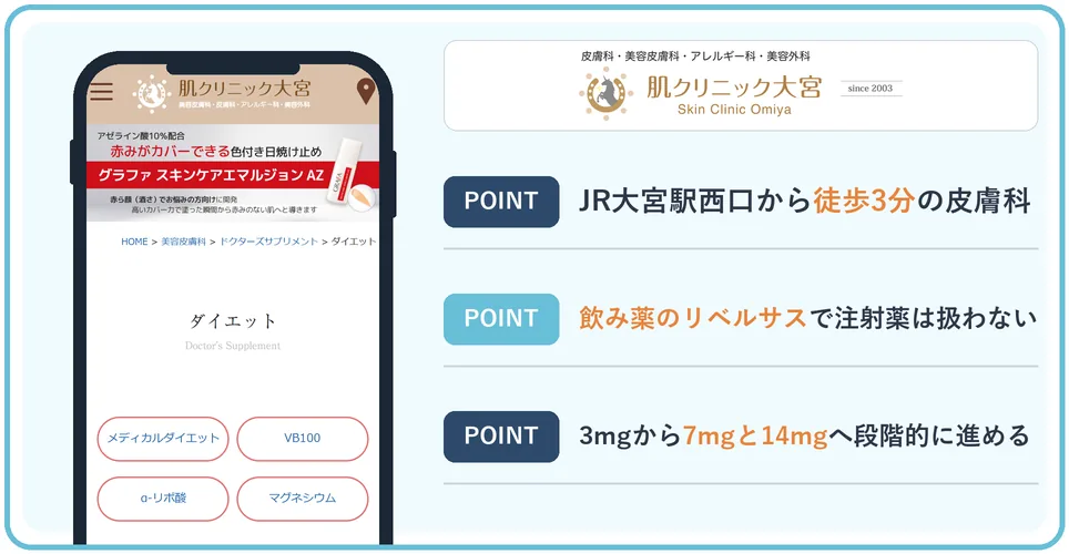 肌クリニック大宮の公式サイトを映したスマホの写真