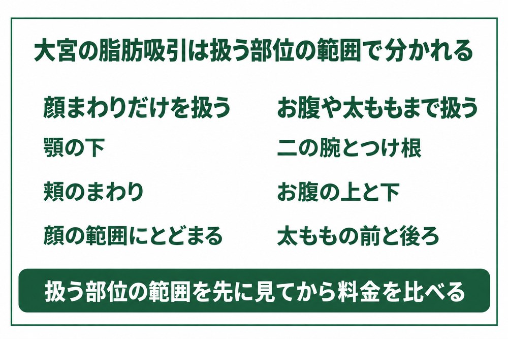 脂肪吸引で顔だけを扱う院とお腹や太ももまで扱う院の分かれ方を示した図