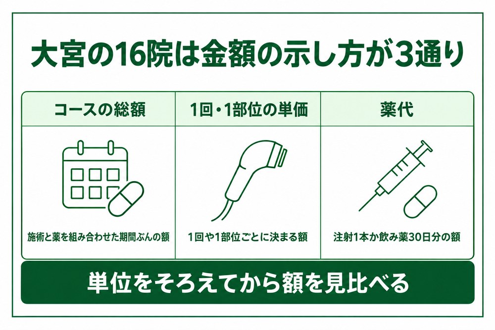 コース総額と1回ごとの単価と薬代で料金の数え方が分かれることを示した図