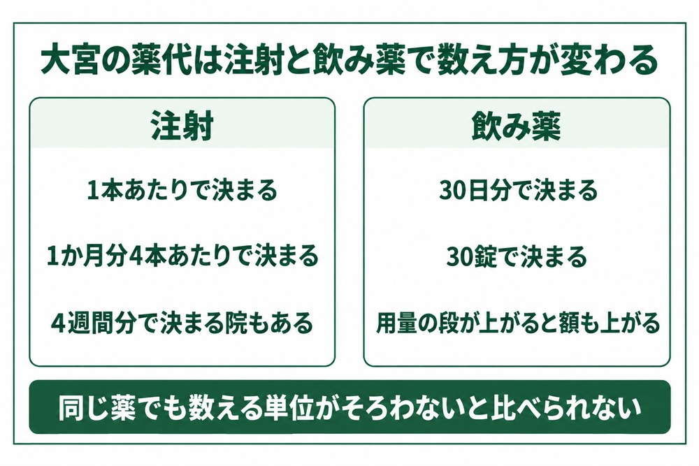 注射1本と飲み薬30日分で薬代の数え方が変わることを示した図