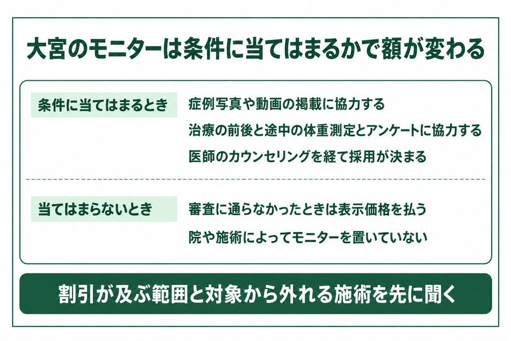 モニター価格と通常価格の差と応募の条件を並べた図