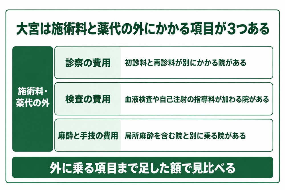施術料や薬代の外にかかる診察料と検査代と麻酔料を並べた図