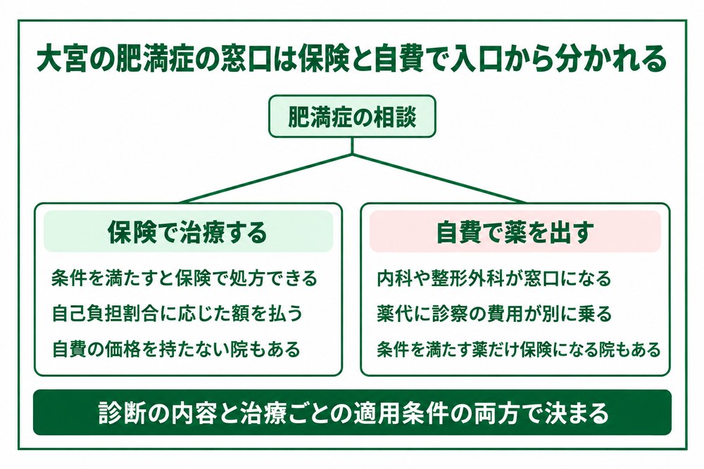 保険の肥満症治療と自費のダイエット外来で薬と費用の決まり方が分かれる流れの図