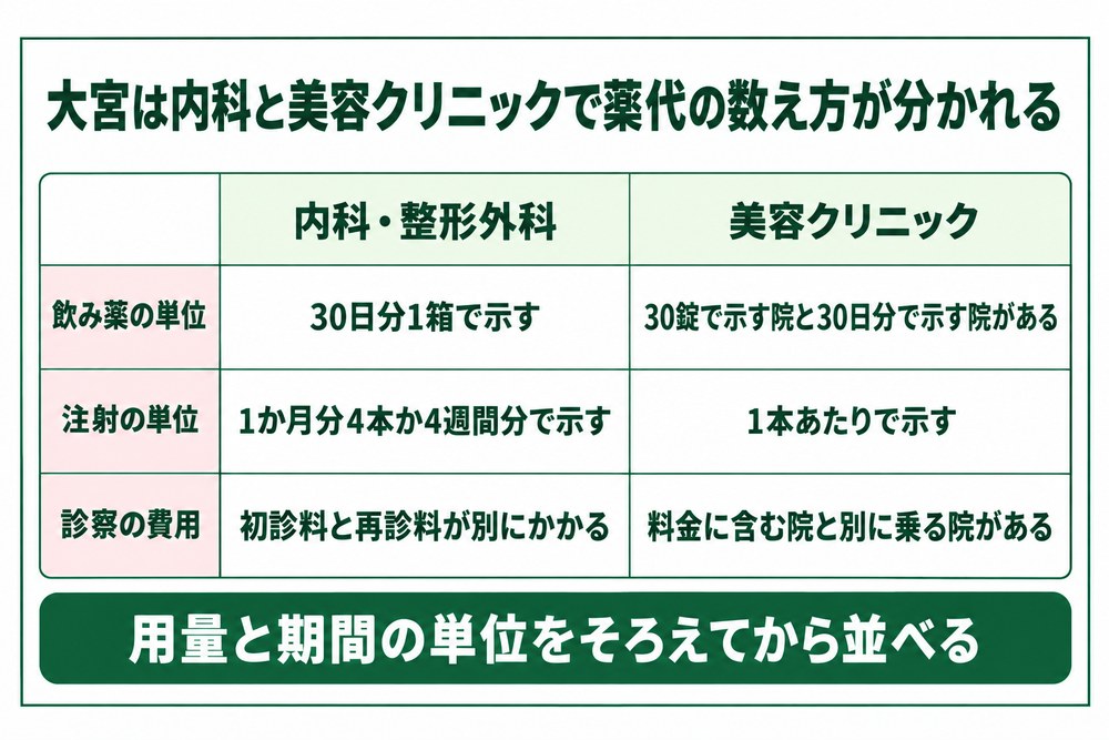 大宮の内科と美容クリニックでリベルサスとマンジャロの料金の単位が分かれる比べ方の図