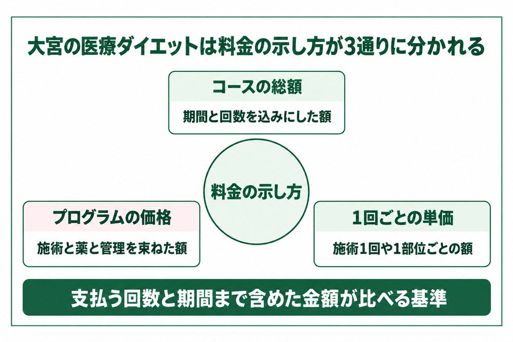 大宮の医療ダイエットの料金がコースの総額と1回の単価とプログラムの価格の3通りに分かれる図