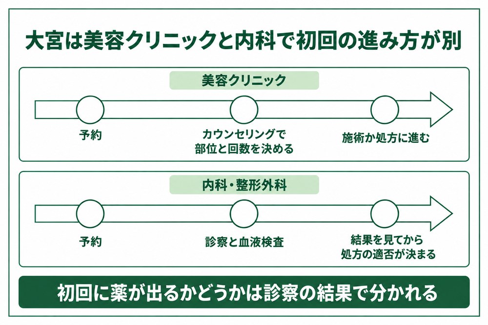 美容クリニックのカウンセリング起点の流れと内科の検査起点の流れを左右に並べた図