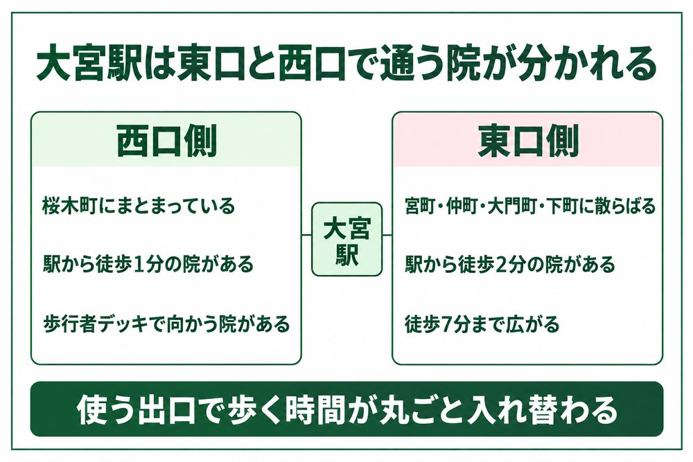 大宮駅の東口側6院と西口側6院の徒歩分数を駅の左右に振り分けた地図風の図
