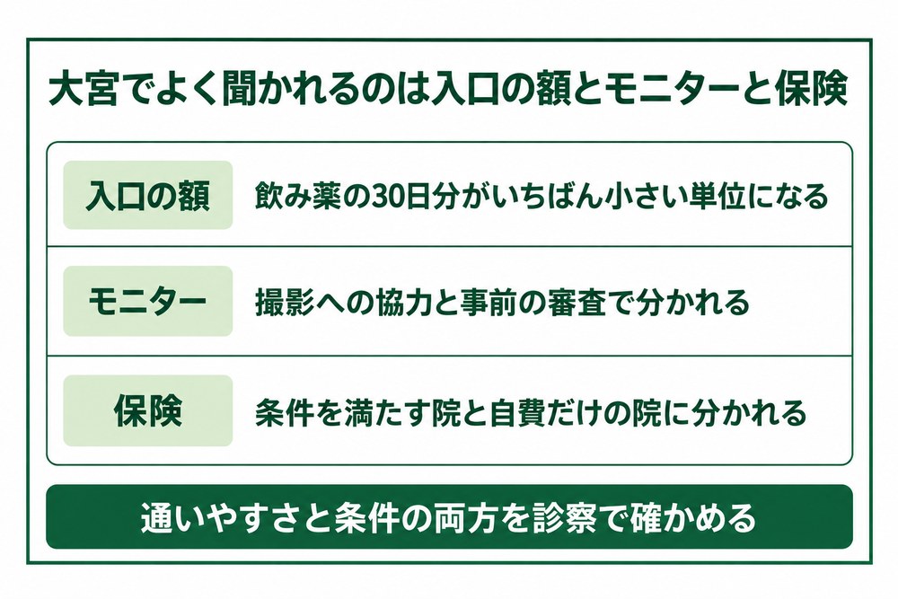 大宮の医療ダイエットの入口の金額とモニターの条件と保険の線引きを3段に整理した図