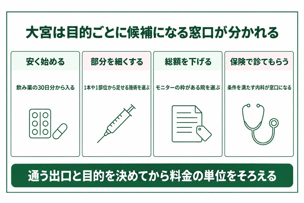 大宮で安く始めたい人と部分痩せしたい人と保険で診てもらう人の院の分かれ方