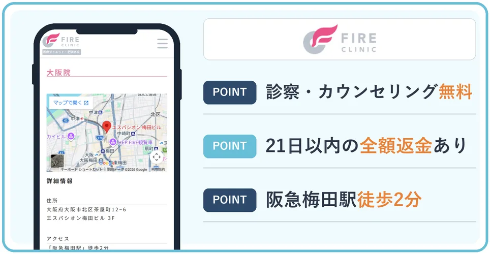 ファイヤークリニックの公式サイトを映したスマホの写真