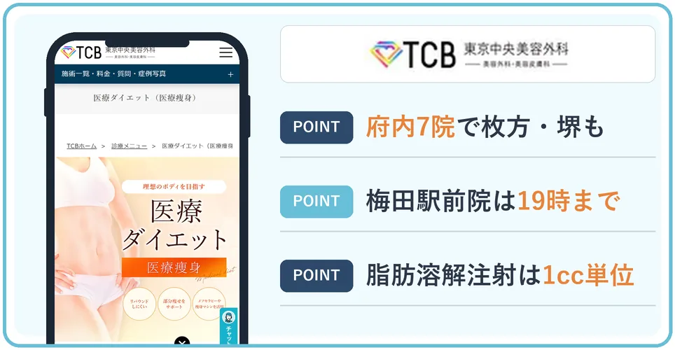 TCB東京中央美容外科の公式サイトを映したスマホの写真