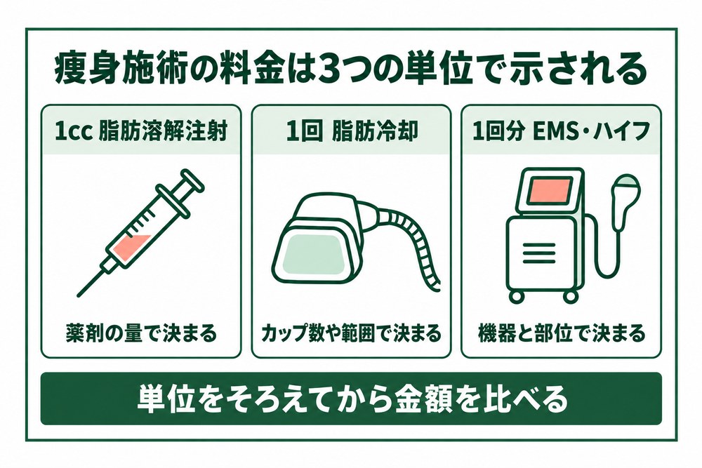 札幌の痩身施術の料金が1ccと1回と1回分の3つの単位で示されることを並べた図