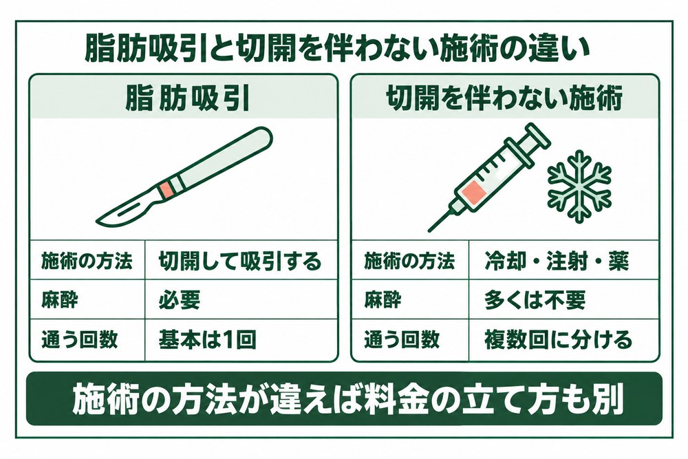 脂肪吸引と切開を伴わない痩身施術・薬の重なりと違いを2つの円で示した図