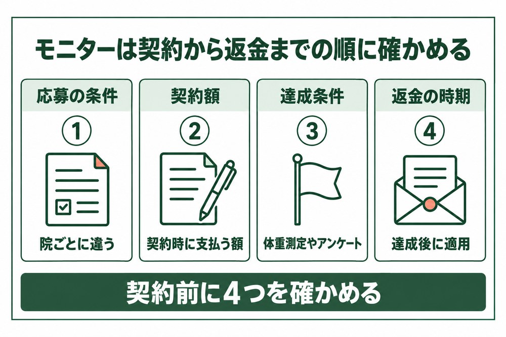 医療ダイエットのモニターを応募の条件から返金の時期まで順に確かめる流れの図