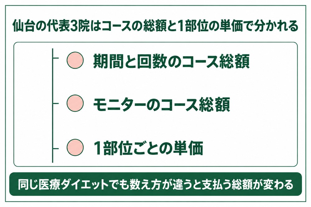 仙台の医療ダイエット代表3院をコース総額と施術の単価で見比べた図