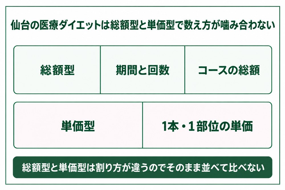 仙台の医療ダイエットで総額型と単価型の料金の数え方を比べた図