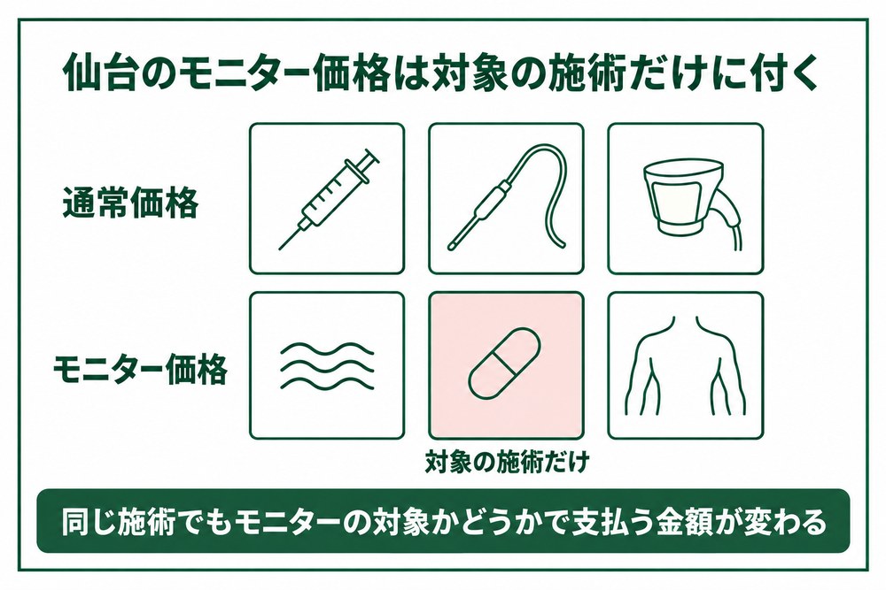 仙台の医療ダイエットで通常価格とモニター価格の差を並べた図