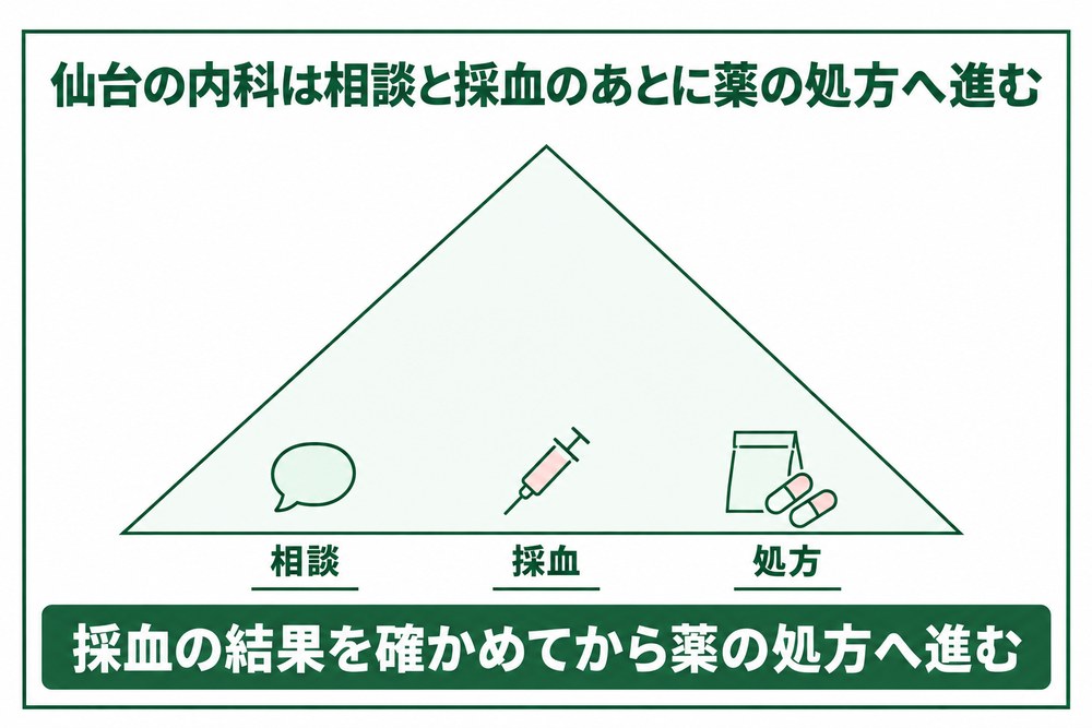 仙台の内科で相談から採血と検査結果の説明を経て薬の処方に進む段の図