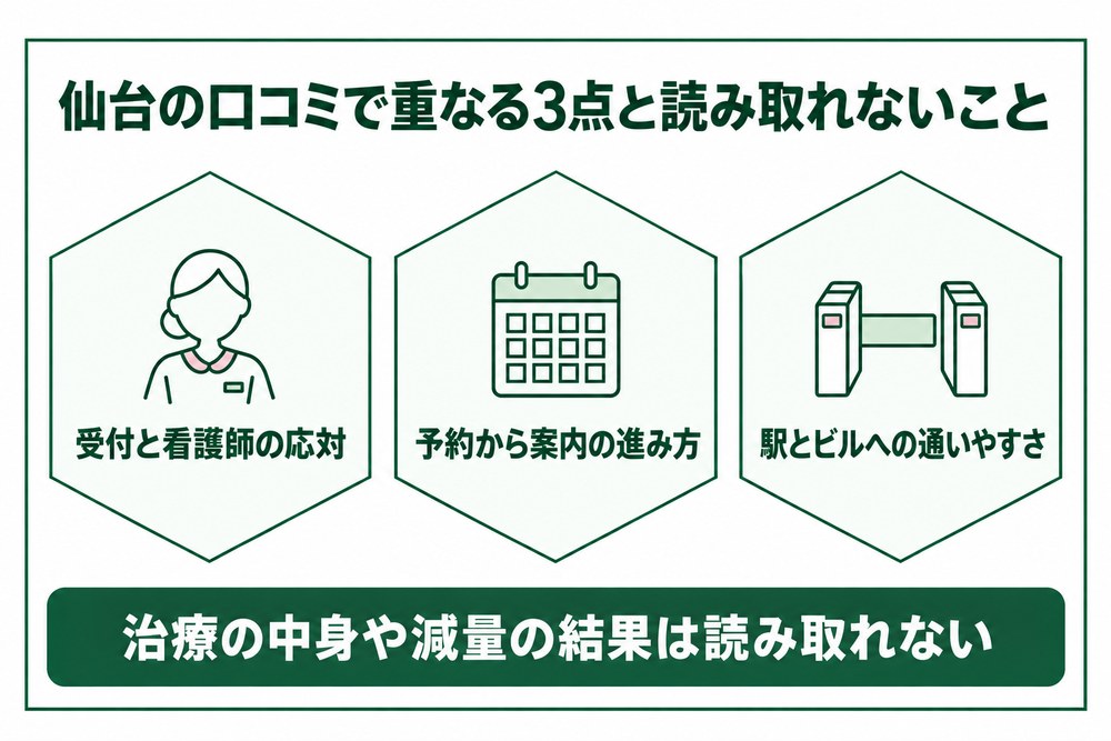 仙台の医療ダイエットの口コミで重なる3点と読み取れないことを整理した図