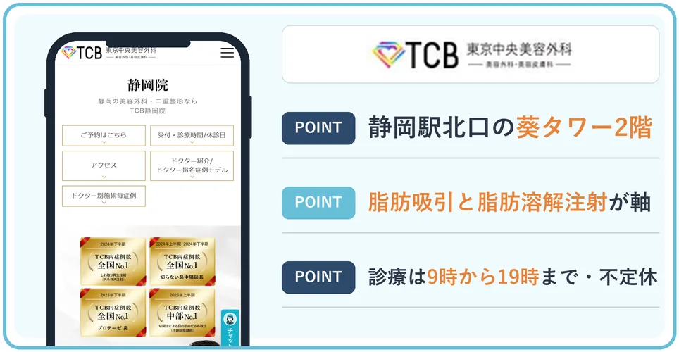 TCB東京中央美容外科静岡院の公式サイトを映したスマホの写真