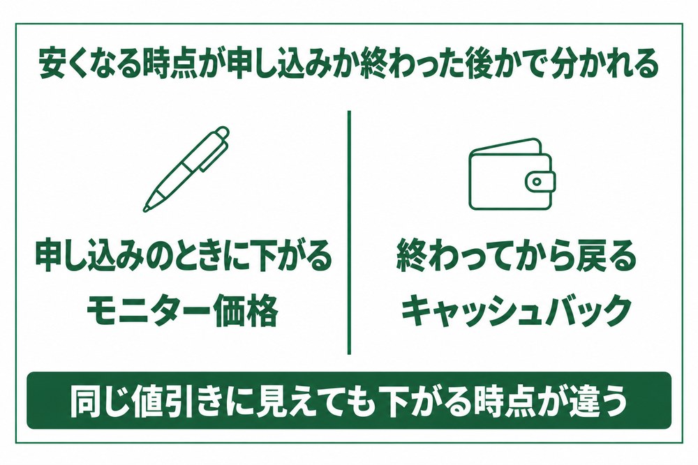 静岡のモニター価格とキャッシュバックは安くなる時点が申し込みのときか終わった後かで分かれる図