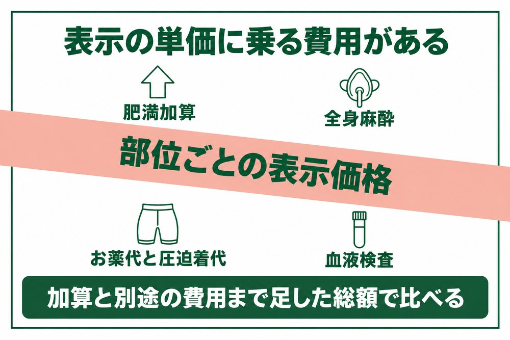 静岡の脂肪吸引は表示の部位別価格に肥満加算や麻酔代や圧迫着代が乗る図