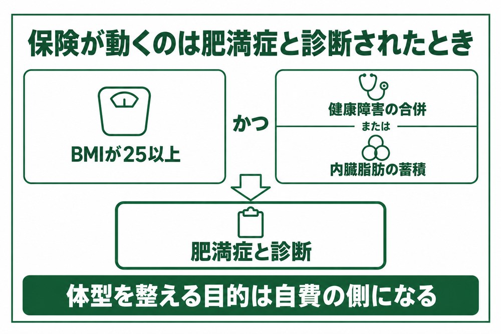 静岡で保険が動くのはBMIと健康障害か内臓脂肪の蓄積がそろって肥満症と診断されたときだけの図