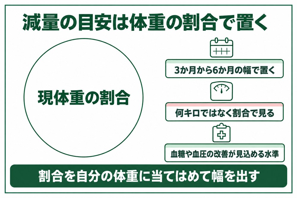 静岡の医療ダイエットの減量の目安は体重の割合で置き3か月から6か月の幅で見る図
