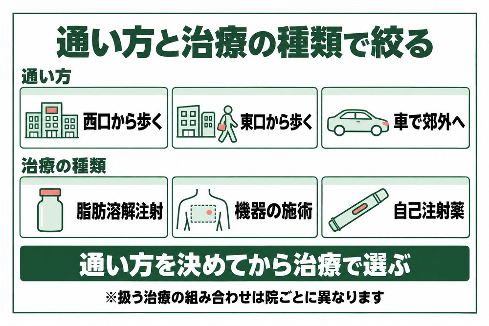 高崎の医療ダイエットを駅の出口と治療の種類で見比べる図